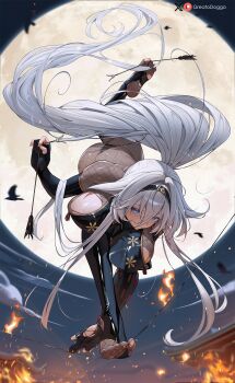 1girl arrow_(projectile) artist_name azur_lane bird breasts commentary english_commentary fire fishnets full_moon greatodoggo highres large_breasts long_hair moon patreon_logo solo sovetsky_soyuz_(azur_lane) sovetsky_soyuz_(stringed_interrogation)_(azur_lane) torn_clothes