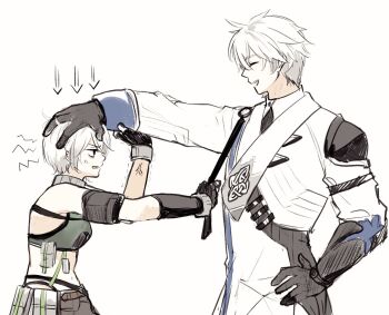 annoyed arrow_(symbol) chinese_clothes crop_top gloves height_difference highres holding_head laughing midriff navel package tian_lang_(tower_of_fantasy) tomo_gento tower_of_fantasy wanderer_(tower_of_fantasy) white_hair