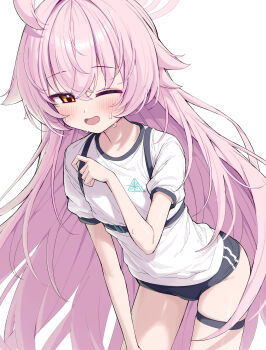 Rule 34 | 1girl, absurdres, ahoge, black buruma, blue archive, blush, buruma, commentary, flat chest, gym uniform, halo, highres, hoshino (blue archive), korean commentary, leaning forward, long hair, looking at viewer, metaljelly, one eye closed, open mouth, pink hair, pink halo, puffy short sleeves, puffy sleeves, shirt, short sleeves, simple background, solo, sweat, thigh strap, very long hair, white background, white shirt, yellow eyes