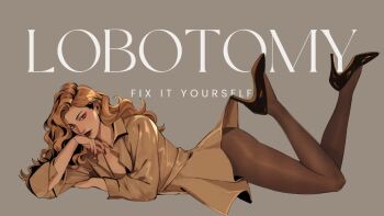 arm_support black_shoes blonde_hair brown_coat brown_eyes brown_pantyhose coat english_text feet_up from_side high_heels lace_pantyhose_hooked_on_heel_(meme) lying makeup meme on_stomach original pantyhose red_lips red_nails shoes sideways the_pose viccerys