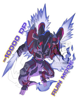 765_nanami blue_eyes blue_fire character_name chibi digimon digimon_(creature) digimon_card_game dragon dragon_horns fire full_body horns shinegreymon shinegreymon_ruin_mode simple_background watermark white_background