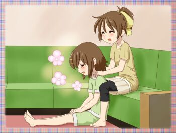 2girls barefoot blush brown_hair chunpai closed_eyes flower green_shirt green_shorts happy_aura hirasawa_ui hirasawa_yui indoors k-on! massage multiple_girls on_floor open_mouth partially_translated ponytail relaxing shirt short_hair shorts shoulder_massage siblings sisters translation_request twins