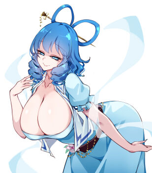 Rule 34 | 1girl, blue dress, blue eyes, blue hair, breasts, closed mouth, collarbone, commentary request, dress, hair ornament, hair rings, hair stick, highres, huge breasts, kaku seiga, looking at viewer, raptor7, shawl, short hair, short sleeves, smile, solo, touhou, white background