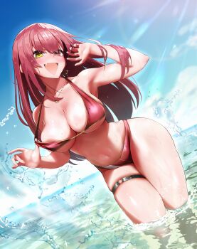 1girl absurdres alternate_hair_length_(longer) bikini blue_sky blush bra bra_pull breasts clothes_pull cloud commentary_request day earrings hand_up heart heart_earrings heart_necklace heterochromia highres hololive horizon houshou_marine houshou_marine_(summer) jewelry jieemusu large_breasts long_hair navel necklace o-ring o-ring_thigh_strap ocean official_alternate_costume open_mouth outdoors red_bikini red_eyes red_hair skindentation sky solo splashing sunlight swimsuit thigh_strap underwear virtual_youtuber water water_drop yellow_eyes