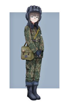1girl bag black_boots black_gloves blue_background boots border brown_hair camouflage camouflage_jacket camouflage_pants crack cracked_glass expressionless full_body fur_collar glasses gloves grey_eyes hammer_and_sickle helmet highres jacket laitumidane looking_at_viewer military_jacket military_uniform original outside_border own_hands_together pants round_eyewear russian_ground_forces russian_text satchel solo ssh-68_combat_helmet tank_helmet translation_request white_border zhenya_(laitumidane)
