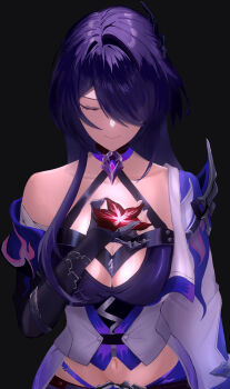 1girl acheron_(honkai:_star_rail) black_background breasts buckle choker claws cleavage closed_eyes commentary crop_top detached_sleeves flower hair_ornament hair_over_one_eye highres holding holding_flower honkai:_star_rail honkai_(series) jacket large_breasts long_hair midriff navel open_clothes open_jacket purple_hair red_flower single_bare_shoulder single_detached_sleeve solo strap user_jese2888 very_long_hair