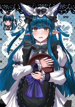 Rule 34 | !, 1girl, apron, arknights, arknights: endfield, black apron, black bow, blue hair, blue sealad, blush, bow, commentary, dot nose, dress, english commentary, frills, highres, holding, juliet sleeves, last rite (arknights), long hair, long sleeves, looking at viewer, open mouth, orange eyes, pointy ears, puffy sleeves, solo