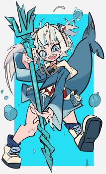 absurdres animal_costume blue_eyes cxdotchison fins fish_tail gawr_gura grey_hair hair_ornament hashtag-only_commentary highres hololive hood hoodie long_sleeves multicolored_hair shark_hair_ornament sharp_teeth tail teeth virtual_youtuber