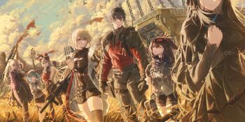 Rule 34 | 1boy, 6+girls, absurdres, animal ears, assault rifle, bird, black dress, black gloves, black hair, black jacket, black pants, black shorts, blitz predator, blonde hair, blue eyes, blue hair, breasts, brown eyes, brown hair, bullpup, clenched hand, closed eyes, closed mouth, cloud, cloudy sky, coat, colphne (girls' frontline 2), commander (girls' frontline), commentary, dress, elmo (vehicle), english commentary, fake animal ears, flock, girls' frontline, girls' frontline 2: exilium, gloves, goggles, goggles on head, groza (girls' frontline 2), gun, hand on own chest, handgun, hat, highres, jacket, krolik (girls' frontline 2), long hair, lunasia (girls' frontline), mayling shen (girls' frontline 2), mechanical ears, multicolored jacket, multiple girls, nemesis (girls' frontline 2), orange eyes, ots-14 (girls' frontline), ots-14 groza, pants, parted lips, pistol, pocket pistol, purple eyes, red eyes, red jacket, rifle, short hair, shorts, sky, smile, taurus curve, two-tone jacket, weapon, wheat field, white coat, white hat