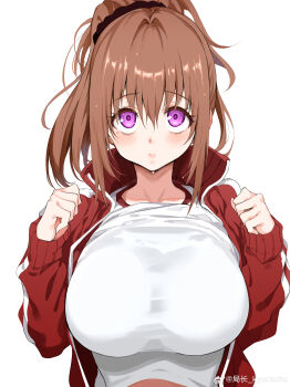 1girl absurdres blush breasts brown_hair closed_mouth comic_bavel hair_intakes hands_up highres jacket kyokucho large_breasts long_hair long_sleeves looking_at_viewer missing_commentary open_clothes open_jacket original ponytail purple_eyes red_jacket shirt simple_background solo upper_body watermark weibo_watermark white_background white_shirt