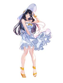 1girl ankle_ribbon arm_up artist_request back_ribbon bare_legs between_legs black_hair blue_eyes bracelet commentary commentary_request dress dress_ribbon dress_tug english_commentary floating_clothes floating_hair frilled_dress frills full_body hand_between_legs hand_on_headwear hat high_heels highres jewelry king&#039;s_raid korean_commentary leg_ribbon long_hair long_sidelocks mirianne_(king&#039;s_raid) mixed-language_commentary necklace official_alternate_costume official_art ribbon second-party_source shoes sidelocks simple_background smile solo straight_hair strap sun_hat sundress white_background white_dress white_hat white_ribbon wind wind_lift yellow_ribbon yellow_shoes