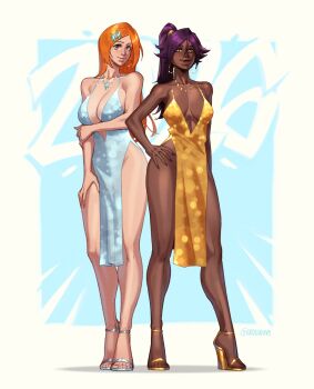 Rule 34 | 2026, 2girls, bare shoulders, bleach, breasts, brown eyes, collarbone, dark-skinned female, dark skin, dress, full body, hair ornament, hairclip, hand on own hip, hand on own thigh, happy new year, high heels, inoue orihime, kiiradraws, large breasts, long hair, looking at viewer, multiple girls, new year, orange hair, ponytail, purple hair, shihouin yoruichi, shiny skin, smile, snowflake hair ornament, yellow eyes
