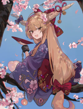 Rule 34 | 1girl, :d, absurdres, alternate costume, bell, blonde hair, blue sky, bow, brown horns, chain, cherry blossoms, commentary request, cuffs, cup, falling petals, fang, floral print, floral print kimono, flower, from behind, gourd, hair bow, hair flower, hair ornament, highres, holding, holding cup, horn ornament, horn ribbon, horns, ibuki suika, in tree, japanese clothes, jingle bell, kani nyan, kimono, long hair, long sleeves, looking at viewer, looking back, low-tied long hair, obi bow, oni, open mouth, outdoors, petals, pink flower, print kimono, purple kimono, red bow, red eyes, ribbon, sakazuki, shackles, sitting, sitting in tree, skin fang, sky, smile, solo, touhou, tree, very long hair, wide sleeves