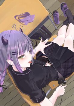 1girl absurdres bag black_horns black_ribbon black_shirt black_skirt black_socks blunt_bangs braid clothes_pull collared_shirt demon_horns demon_tail e-wing_(ewingillustrate) ear_piercing exhibitionism facial_scar flashing green_eyes hair_ornament hair_ribbon hairclip highres hololive horns long_hair looking_at_viewer navel_piercing necktie piercing pleated_skirt public_indecency purple_hair ribbon scar scar_on_cheek scar_on_face school_bag shirt shoes short_sleeves sidelocks single_braid sitting skirt skirt_pull socks solo spiked_ear_piercing tail tail_ornament tail_piercing teasing tokoyami_towa tongue tongue_out tongue_piercing unworn_necktie unworn_shoes virtual_youtuber wooden_floor