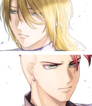1046sstep_btoh 2boys bazz-b bleach bleach:_sennen_kessen-hen blonde_hair blue_eyes commentary_request earrings expressionless green_eyes highres jewelry jugram_haschwalth long_hair male_focus mohawk multiple_boys quincy_(bleach) red_hair sideways_glance sternritter stud_earrings