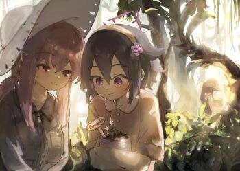 3girls absurdres atsuko_(blue_archive) baseball_cap blue_archive blue_hair commentary_request flower hair_flower hair_ornament hairband halo haruka_(blue_archive) hat highres hugging_object jumpsuit leaf ll_dal long_hair long_sleeves medium_hair multiple_girls plant potted_plant purple_hair saori_(blue_archive) saori_(swimsuit)_(blue_archive) scissors shirt short_sleeves sun_hat sunlight tree white_hat