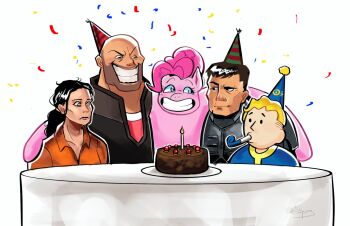 2girls 3boys artist_name bald beard_stubble black_forest_cake black_hair black_vest blonde_hair blue_eyes blue_shirt cake candle character_request chell closed_mouth cloudissleeping commentary confetti dessert doom_(series) doom_ii doomguy english_commentary facial_hair fallout food grin hat heavy_(tf2) jumpsuit looking_at_another multiple_boys multiple_girls my_little_pony orange_jumpsuit party_hat party_popper pink_hair pinkie_pie portal_(series) portal_1 red_shirt shirt signature simple_background smile stubble table team_fortress_2 teeth upper_body vault_boy vest white_background