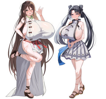 1girl 2girls :d absurdres alternate_breast_size_(larger) armpits arms_behind_back arms_behind_head arms_up bare_shoulders black_hair blue_background blue_sash body_markings breasts brown_sandals cleavage closed_eyes commentary dress facial_mark facing_viewer fate/grand_order fate_(series) forehead forehead_mark full_body gigantic_breasts grey_eyes grin halterneck hand_on_own_arm highres himiko_(fate) himiko_(first_ascension)_(fate) huge_breasts iyo_(fate) jewelry legs_apart long_hair looking_at_viewer magatama magatama_necklace multiple_girls necklace nipples open_mouth red_sash sandals sash shokobr side_slit sideboob simple_background smile standing sweat thick_thighs thighs topknot twintails white_dress yellow_sandals