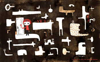 Rule 34 | 1girl, abstract background, archived source, artist name, black background, black eyes, black pants, closed mouth, commentary, copyright notice, door, english commentary, english text, expressionless, flower, full body, key, limited palette, lock, long sleeves, minimalism, no lineart, original, pants, red hair, red sleeves, red sweater, short hair, solo, sweater, tanji youko, turtleneck, turtleneck sweater, watermark, web address