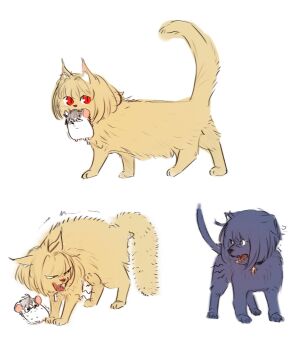 Rule 34 | 1boy, 2girls, animal, animal collar, animal ear fluff, animal ears, animal nose, animalization, arcueid brunestud, black hair, blue eyes, blue fur, carrying, carrying person, cat, cat ears, cat tail, ciel (tsukihime), collar, cross, cross necklace, dog, dog ears, dog tail, fangs, glasses, hair between eyes, highres, hissing, jewelry, leodot, looking at viewer, mouse (animal), mouse ears, multiple girls, necklace, nervous sweating, red eyes, sharp teeth, short hair, sketch, sweat, tail, teeth, tohno shiki, tsukihime, tsukihime (remake), yellow fur