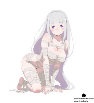 1girl absurdres all_fours alternate_costume anime_coloring bandaged_arm bandaged_chest bandaged_leg bandaged_torso bandages barefoot blunt_bangs blush braid breasts closed_mouth collarbone commentary_request crown_braid elf emilia_(re:zero) full_body halloween halloween_costume highres houlestia large_breasts long_hair looking_at_viewer mummy_costume naked_bandage navel patreon_username pointy_ears purple_eyes re:zero_kara_hajimeru_isekai_seikatsu simple_background solo toes twitter_username very_long_hair white_background white_hair