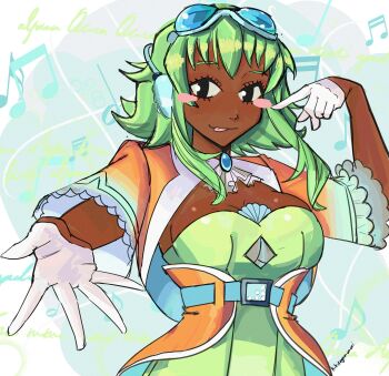 1girl alternate_costume alternate_skin_color ascot belt black_eyes blue-tinted_eyewear blush_stickers breasts cleavage closed_mouth dark-skinned_female dark_skin dress gloves goggles goggles_on_head green_dress green_hair gumi hatsuno headphones huge_breasts jacket musical_note orange_jacket pointing pointing_at_self short_hair_with_long_locks smile solo tinted_eyewear vocaloid white-framed_eyewear white_ascot white_gloves wide_sleeves