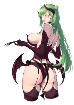 1girl 3_small_spiders absurdres ass back_tattoo belka_(enchanting_imp)_(girls&#039;_frontline_2) belka_(girls&#039;_frontline_2) black_bow black_panties blush bow breasts brown_gloves brown_thighhighs butt_crack commentary_request cropped_legs demon_girl demon_horns demon_tail fang g28_(girls&#039;_frontline) garter_belt garter_straps girls&#039;_frontline girls&#039;_frontline_2:_exilium gloves green_hair highres holding holding_whip horns large_breasts long_hair looking_at_viewer low_wings official_alternate_costume open_mouth panties red_eyes sideboob simple_background skin_fang solo tail tattoo thighhighs underwear white_background wings