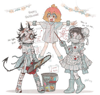 1other 2girls androgynous bandaged_head bandages bare_legs bim0ngsam0ng black_horns black_tail blood blunt_bangs bob_cut boots brown_hair bucket bun_cover chainsaw covered_mouth cut-here_line deformed diagram dotted_line double-parted_bangs dress elbow_gloves eyepatch forked_tail gloves gradient_hair grey_boots grey_eyes grey_gloves hand_up happy_halloween highres holding holding_chainsaw holding_pointer holding_stick horns imminent_death mask medical_eyepatch messy_hair mouth_mask multicolored_hair multiple_girls nervous_sweating nurse one_eye_covered original paper_texture pointer puffy_short_sleeves puffy_sleeves red_eyes short_eyebrows short_sleeves stick sweat tail two-handed watercolor_effect white_background white_dress