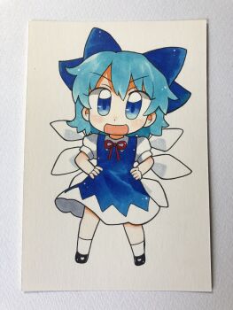 Rule 34 | 1girl, bad id, bad twitter id, black shoes, blue bow, blue dress, blue eyes, blue hair, bow, chibi, chibi only, cirno, commentary, detached wings, dress, full body, hair bow, hands on own hips, highres, ice, ice wings, looking at viewer, maa (forsythia1729), neck ribbon, open mouth, photo (medium), pinafore dress, puffy short sleeves, puffy sleeves, red ribbon, ribbon, shirt, shoes, short sleeves, sleeveless, sleeveless dress, smile, socks, solo, touhou, traditional media, white shirt, white socks, wings
