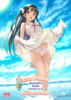 1girl bare_shoulders black_hair blue_sky bow breasts cameltoe clothes_lift dress dress_lift full_body hair_ornament holding holding_unworn_clothes holding_unworn_dress koutaro long_hair orange_eyes original panties red_bow red_ribbon ribbon see-through_clothes shoes sky small_breasts solo thighs underwear water white_dress white_panties