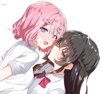 2girls @_@ absurdres amaori_renako black_hair blush bow bowtie braid collared_shirt commentary dated_commentary half_up_braid highres konoha12562 koto_satsuki medium_hair multiple_girls nervous_sweating pink_hair purple_eyes red_bow red_bowtie red_eyes shirt simple_background sweat watashi_ga_koibito_ni_nareru_wake_naijan_murimuri! white_background white_shirt yuri