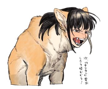 1girl angry animal_ears black_eyes black_hair brown_fur dog_ears dog_girl fangs furrowed_brow growling highres human_head li_sakura long_hair looking_at_viewer open_mouth original sidelocks simple_background sitting solo translation_request upper_body what white_background