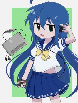 :3 ahoge blue_hair blue_sailor_collar blue_skirt bow cassette_player cassette_tape densi_ronto dress earphones green_eyes highres holding_cassette izumi_konata long_hair lucky_star midriff_peek mole mole_under_eye outside_border pleated_dress ryouou_school_uniform sailor_collar school_uniform shirt skirt sony two-tone_background white_shirt yellow_bow