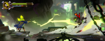 absurdres artist_name blue_jacket blurry chain chromatic_aberration commentary critical_hit damage_numbers depth_of_field electricity electrokinesis english_commentary finger_gun from_behind green_hair gun heads-up_display health_bar highres holding holding_gun holding_weapon hozure humanoid_robot jacket league_of_legends outdoors robot smoke twintails user_interface weapon zeri_(league_of_legends)