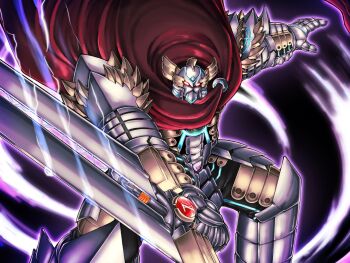 1boy armor cape duel_monster full_armor gauntlets glowing glowing_eye helm helmet highres holding holding_sword holding_weapon knight moltengates pauldrons plate_armor red_eyes shoulder_armor solo sword weapon xx-saber_gottoms yu-gi-oh!