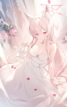 1girl absurdres akira_(blue_archive) animal_ear_fluff animal_ears blue_archive breasts cat_ears cat_girl cat_tail choker cleavage closed_mouth collarbone commentary dress halo high_heels highres holding holding_shoes holding_unworn_clothes jewelry kooriais large_breasts long_hair necklace pink_halo red_eyes shoes simple_background smile solo strapless strapless_dress tail unworn_shoes white_background white_dress white_hair white_shoes