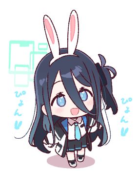 1girl :d animal_ear_hairband animal_ears aris_(blue_archive) black_hair black_jacket black_skirt black_socks blue_archive blue_eyes blue_necktie blush chibi chibi_only collared_shirt commentary double-parted_bangs fake_animal_ears full_body green_halo hair_between_eyes hairband halo jacket long_hair long_hair_between_eyes long_sleeves necktie one_side_up open_clothes open_jacket open_mouth pleated_skirt rabbit_ear_hairband rabbit_ears rectangular_halo shirt shoes simple_background skirt smile socks solo standing white_background white_hairband white_shirt white_shoes yoru_nai