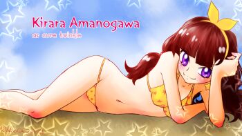 10s 1girl :3 amanogawa_kirara beach bikini blush brown_hair character_name copyright_name earrings go!_princess_precure hair_ornament hairband highres jewelry kasuga_rurito long_hair looking_at_viewer lying precure print_bikini purple_eyes sand smile solo star_(symbol) star_print star_symbol_background swimsuit yellow_bikini