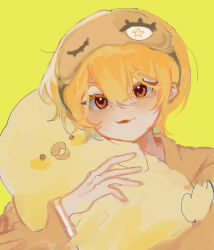Rule 34 | 1girl, absurdres, blonde hair, blush, brown pajamas, don quixote (project moon), highres, limbus company, long sleeves, looking at viewer, mesoold, pajamas, parted lips, project moon, short hair, simple background, sleep mask, smile, solo, stuffed chicken, yellow background, yellow eyes, yellow theme