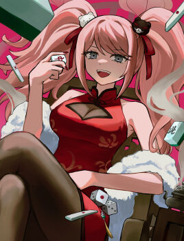 1girl absurdres bare_shoulders bear_hair_ornament blonde_hair breasts brown_pantyhose chair cleavage coat commentary_request danganronpa:_trigger_happy_havoc danganronpa_(series) dice dress enoshima_junko eyelashes fingernails fur_coat grey_eyes hair_ornament hair_ribbon highres holding holding_mahjong_tile long_hair mahjong mahjong_tile nail_polish off_shoulder open_mouth pantyhose red_dress red_nails red_ribbon ribbon sitting smile solo sumi_ringo teeth twintails upper_teeth_only white_coat