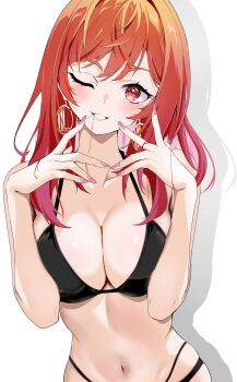 1girl absurdres bikini biting_hair black_bikini blush breasts cleavage commentary_request earrings gradient_hair highres hololive hololive_dev_is hoop_earrings ichijou_ririka jewelry multi-strapped_bikini_bottom multicolored_hair nail_polish one_eye_closed oz1n pink_nails solo swimsuit white_background