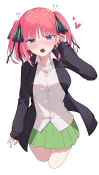 1girl arms_up black_cardigan black_ribbon blue_eyes blunt_bangs blush breasts butterfly_hair_ornament candy cardigan chocolate chocolate_heart collarbone eating food go-toubun_no_hanayome green_skirt hair_ornament hair_ribbon heart heart-shaped_food highres long_sleeves looking_at_viewer multicolored_nails nakano_nino open_cardigan open_clothes open_mouth pink_hair profnote ribbon shirt short_hair skirt solo two_side_up valentine white_background white_shirt