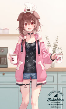 :d animal_ears animal_print black_shirt blue_shorts bone_print brown_eyes clothing_cutout commentary cup denim denim_shorts dog_ears dog_girl dog_print dog_tail double-parted_bangs fukahire_(ruinon) hair_between_eyes hair_ornament hair_over_shoulder highres holding holding_cup hololive hood hooded_jacket hoso-inu indoors inugami_korone inugami_korone_(roomwear) jacket long_hair looking_at_viewer low_ponytail official_alternate_costume official_artist_extra open_mouth pink_jacket pom_pom_(clothes) pom_pom_hair_ornament ponytail print_shirt shirt short_shorts shorts shoulder_cutout smile symbol-only_commentary tail thigh_strap virtual_youtuber