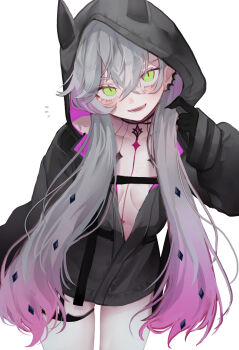 1girl black_hands black_hoodie black_jacket body_markings breasts choker colored_extremities crossed_bangs ear_piercing fate/grand_order fate_(series) gradient_hair green_eyes grey_hair hair_between_eyes highres hood hoodie jacket lilith_(fate) lilith_(first_ascension)_(fate) long_hair long_sleeves looking_at_viewer low_twintails multicolored_hair piercing pink_hair small_breasts smile solo tattoo_between_breasts twintails wings yunu_nuyu