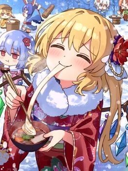 6+girls :3 alternate_costume anger_vein angry animal_ears artist_name blonde_hair blue_eyes blue_kimono blush braid chopsticks closed_mouth commentary_request cooking crystal crystal_wings eating facing_viewer flandre_scarlet floppy_ears flower food furisode grey_hair grill grilling hair_flower hair_ornament hand_fan highres holding holding_chopsticks holding_fan holding_mallet hong_meiling izayoi_sakuya japanese_clothes kimono kine long_sleeves mallet mochi mochi_trail mochitsuki mortar_(bowl) multicolored_wings multiple_girls nene_man new_year nose_bubble one_side_up outdoors pink_kimono purple_hair rabbit_ears rabbit_girl red_eyes red_hair red_kimono remilia_scarlet ringo_(touhou) seiran_(touhou) shichirin siblings sisters sleeping snow solo_focus squatting touhou twin_braids twitter_username wide_sleeves wings zouni_soup