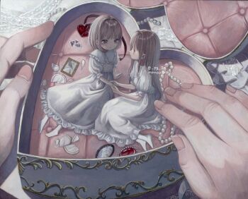 1other 2girls broken_plate brown_hair commentary_request cushion dress frills highres in_container jewelry long_dress long_hair looking_at_another mini_person minigirl mirror monou_pico multiple_girls necklace original pearl_necklace plate puffy_short_sleeves puffy_sleeves ring short_hair short_sleeves twitter_username white_dress