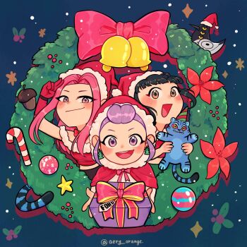 3girls absurdres aery_orange bird black_hair blunt_bangs blush bow box brown_hair candy candy_cane cape cat christmas christmas_ornaments christmas_wreath closed_mouth commentary crow derpy_(kpop_demon_hunters) english_commentary flower food gift gift_box gloves hat highres kpop_demon_hunters long_hair mira_(kpop_demon_hunters) multiple_girls open_mouth parted_lips pink_hair poinsettia purple_hair red_bow red_cape red_gloves red_shirt rumi_(kpop_demon_hunters) salute santa_hat shirt sidelocks smile sussie_(kpop_demon_hunters) twintails two-finger_salute upper_body wreath zoey_(kpop_demon_hunters)