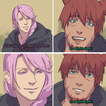 Rule 34 | 2boys, animal ears, warrior of light (ff14), black cloak, brown hair, cat ears, cloak, comic, english text, facial scar, final fantasy, final fantasy xiv, for the better right? (meme), green eyes, highres, hood, hood down, hooded cloak, hythlodaeus, lips, long hair, male focus, mature male, meme, miqo'te, multiple boys, pink eyes, pink hair, scar, scar on cheek, scar on face, short hair, smile, star wars, star wars: attack of the clones, subtitled, surfacage