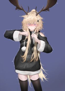 1girl @_@ absurdres antlers arknights black_sweater black_thighhighs blonde_hair blush clenched_hand clothing_cutout commentary_request cowboy_shot deer_antlers deer_girl embarrassed hair_ornament highres holding holding_microphone horns long_hair long_sleeves mebe_(teadia_violet) meme messy_hair microphone nose_blush parted_lips pom_pom_(clothes) purple_background purple_eyes shikairo_days_dance_(meme) shikanoko_nokonoko_koshitantan shoulder_cutout sidelocks simple_background solo standing sweater thighhighs trembling very_long_hair viviana_(arknights) x_hair_ornament