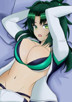 1girl absurdres bikini black_bikini breasts cleavage commentary_request dolphin_wave elbow_gloves gloves green_bikini green_eyes green_hair hair_intakes harunami_anri highres jacket kirishima_uniform large_breasts layered_bikini lying multi-strapped_bikini_bottom on_back on_bed open_clothes open_jacket open_mouth parted_bangs ponytail shorts sweat swimsuit user_jhsm4753 white_gloves white_jacket white_shorts